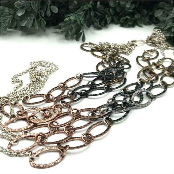 Premier Designs Necklace Silver Gunmetal Copper Tri Tone Layered Chains 26" - Picture 12 of 15